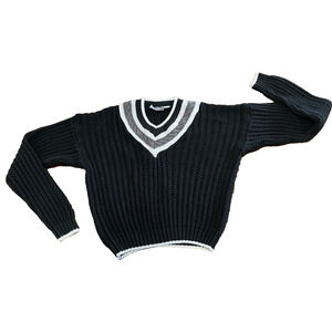 Vintage 80's Preppy Black Sweater Mens Knit Cricket Tennis Varsity Stripe Sz Sm